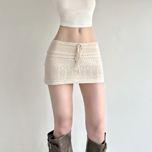 INS Spring Autumn Knit Cutout Crochet A Line Mini <b>Skirt</b> Women <b>Low</b> <b>Waist</b> Tie Detail Soft Pure Style Fashion <b>Skirt</b> - Product Image 4