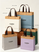 Sac fourre-tout écologique fait main et recyclable à fond carré tridimensionnel avec poignée en cuir simple, sac cadeau en papier