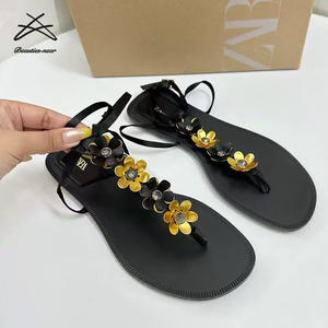 ZAR * Nuevas Sandalias planas de flores doradas para mujer de talla grande, Chanclas de playa de verano para mujer, calzado plano informal, sandalias, zapatos - Product Image 3