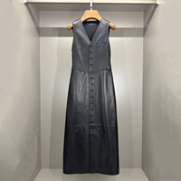 4154 Gutes Design Großhandel Maßgeschneidertes Hohes Taillenband Geschlitztes Einreihiges Ärmelloses Langes Lederkleid für Damen