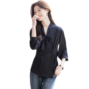Women's Bow <b>Tie</b> Shirt Top Black Solid Color Satin Wrap And <b>Tie</b> Office Wear Spring Autumn 2025 Fashionable Blouse Long Sleeve - Product Image 5