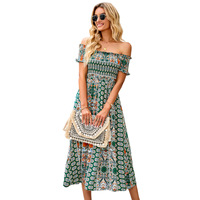 Fabricant chinois de vêtements hors épaule Sexy Smock corsage ethnique Viscose imprimé longue robe Maxi avec la conception de la fente