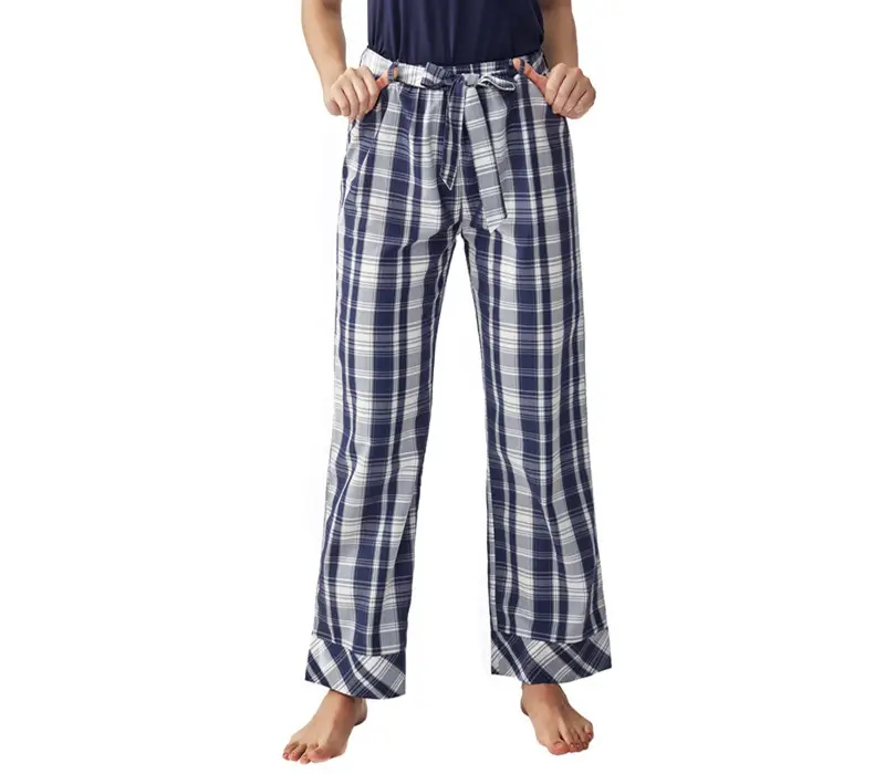 Wholesale Plaid Pajama Pants With Belt Loose Lounge Wide Leg Bottoms for Women Bamboo Trouser