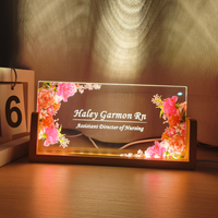 Plaque de nom de bureau personnalisée avec fleurs, panneau de bureau LED, plaque de nom personnalisée, décoration de bureau, accessoire de bureau, cadeau de nouvel emploi