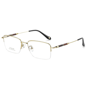 Monture optique classique en titane massif doré, branches en bois d'ébène et bois de rose, verres AC, placage IP diamant, anti-lumière bleue - Product Image 1