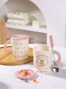 Tasse en céramique ours mignon rose avec couvercle et poignée de perle cuillère tasse coeur girly tasse bureau après-midi tasse à thé - Product Image 6