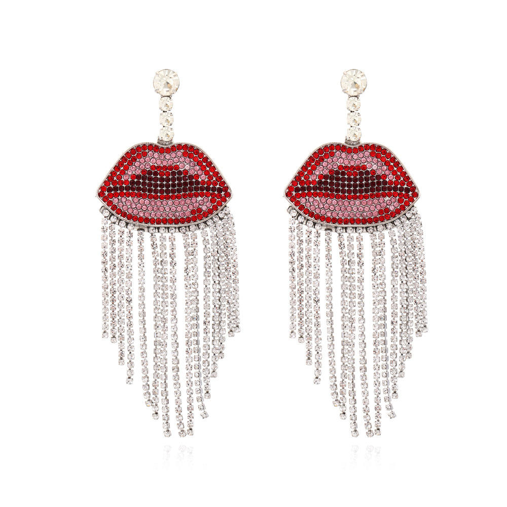 2023 New Arrival Fashion Jewelry Luxury Sexy Rhinestone Red Lip Tassel  Dangle Earrings Woman Vintage Long Party Crystal Earrings