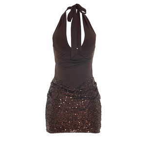 Viviblook J26DS293 Vestido de fiesta mini ajustado para mujer, sexy, sin mangas, con cuello halter, cordones, escote bajo, sin espalda, con lentejuelas y plisado, novedad de verano - Product Image 6