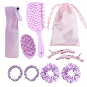 10PCS Purple Fluffy Comb Styling Manage Curly Hair Wide Tooth Air Cushion Hollow Rib and Hair Shampoo Brush Rope Clip Set