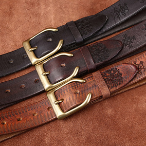 Cinturón de piel de vaca con capa de cabeza curtida de planta de cuero grueso para hombre, cinturón de mezclilla tallado con tendencia de personalidad Retro para hombre - Product Image 4