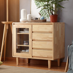 Nordic Solid Wood <b>Sideboard</b> <b>Storage</b> Cabinet With Glass Door For Dining Room Natural Wood Color - Product Image 1