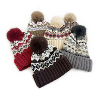 Bonnet en tricot Fair Isle nordique avec logo personnalisé, pompon, épais, chaud, motif hivernal, en acrylique doux, revers plié, pour l'hiver