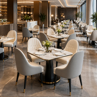 Chaise de salle à manger bicolore orange et gris, table en marbre avec piétement, mobilier de restaurant contemporain personnalisable en or pour hôtel, vente en gros