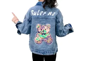 Veste en jean à paillettes pour fille, manteau en jean à motif ours