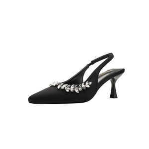 Zapatos de Tacón Alto Negros de Satén con Tira Trasera, Punta Puntiaguda, Tacón de Aguja, Decorados con Pedrería, Zapatos de Tacón Alto a la Moda - Product Image 5