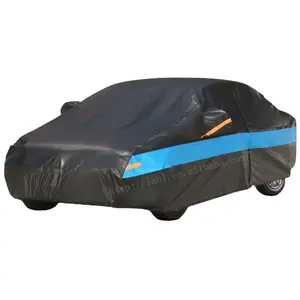 Cubierta de coche universal a prueba de viento a prueba de lluvia anti UV cubierta de coche negro con rayas azules