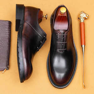 Chaussures habillées Oxford pour hommes en cuir véritable noir, bout rond, à lacets, semelle extérieure en caoutchouc, toutes saisons, pour mariage - Product Image 4