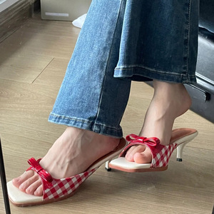Women's Fashionable Trend Square Toe High Heel Sandals Summer Outdoor French Plaid Open Toe One-Strap Design Bow Mesh PU Slip-On - Product Image 6