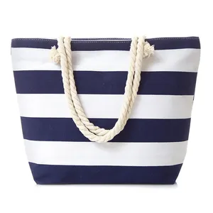 Bolso de playa de moda de verano con logotipo personalizado al por mayor, bolso de hombro de algodón a rayas de lona, bolso de playa con asa para mujer