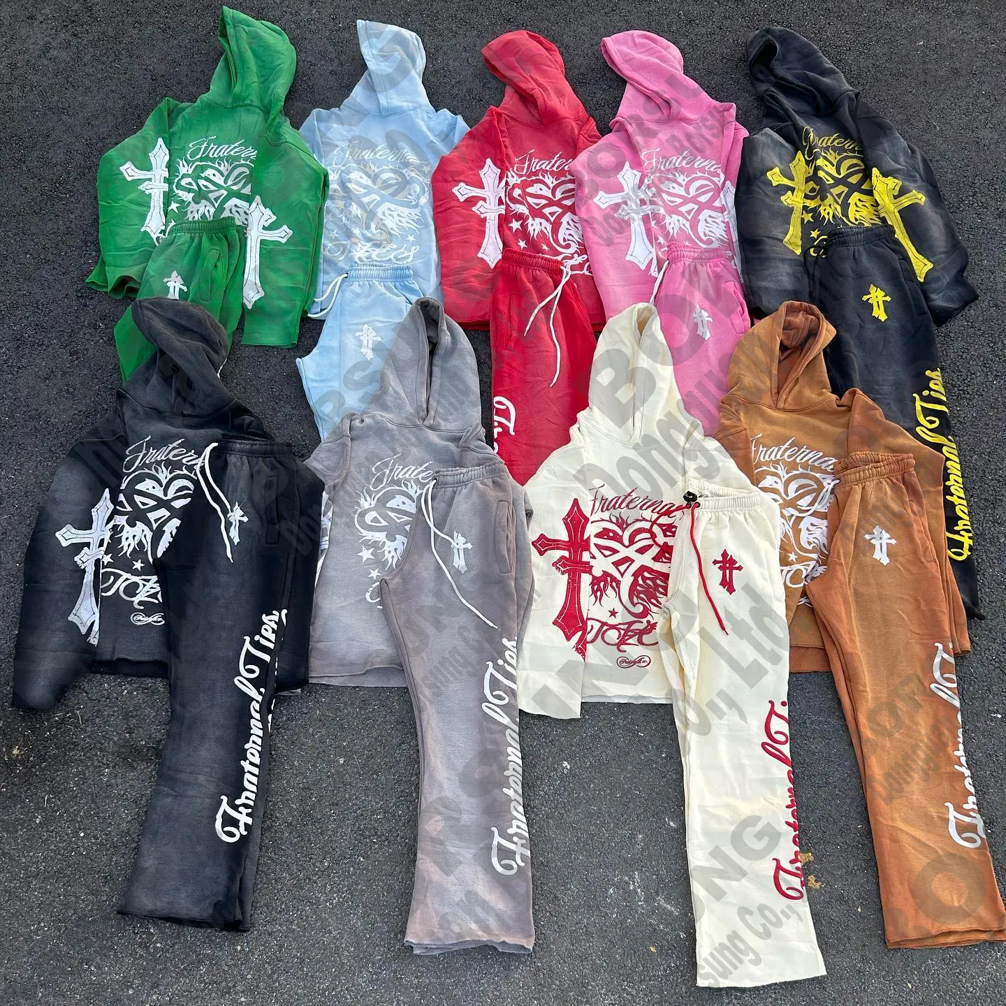 Biểu Tượng Tùy Chỉnh Sweatsuit Sweatpants Và Hoodie Đặt Thời Trang Phố Pháp Terry Mặt Trời Faded Màn Hình In Ấn Axit Rửa Người Đàn Ông Tracksuit