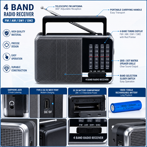 Radio Portátil AM <span class=keywords><strong>FM</strong></span> SW de 3 Bandas, Radio Recargable 5.1, Reproductor de Música USB TF, Carga Tipo-C - Product Image 3