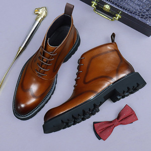 Botas de negocios de cuero británico para hombre, estilo marten de media pantorrilla, zapatos de cuero de caña alta, suela gruesa, con aumento de altura, ligeras - Product Image 2