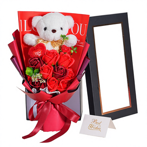 Bouquet de fleurs en savon éternel dans un coffret cadeau avec ours en peluche - Nouvelle saison de la Saint-Valentin et de la remise des diplômes, bouquet artificiel simulé - Product Image 1