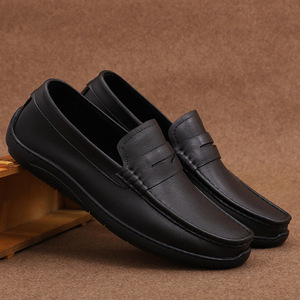 Mocasines de cuero genuino para hombre, con punta cuadrada, suela de goma, fáciles de poner, zapatos cómodos para caminar - Product Image 1
