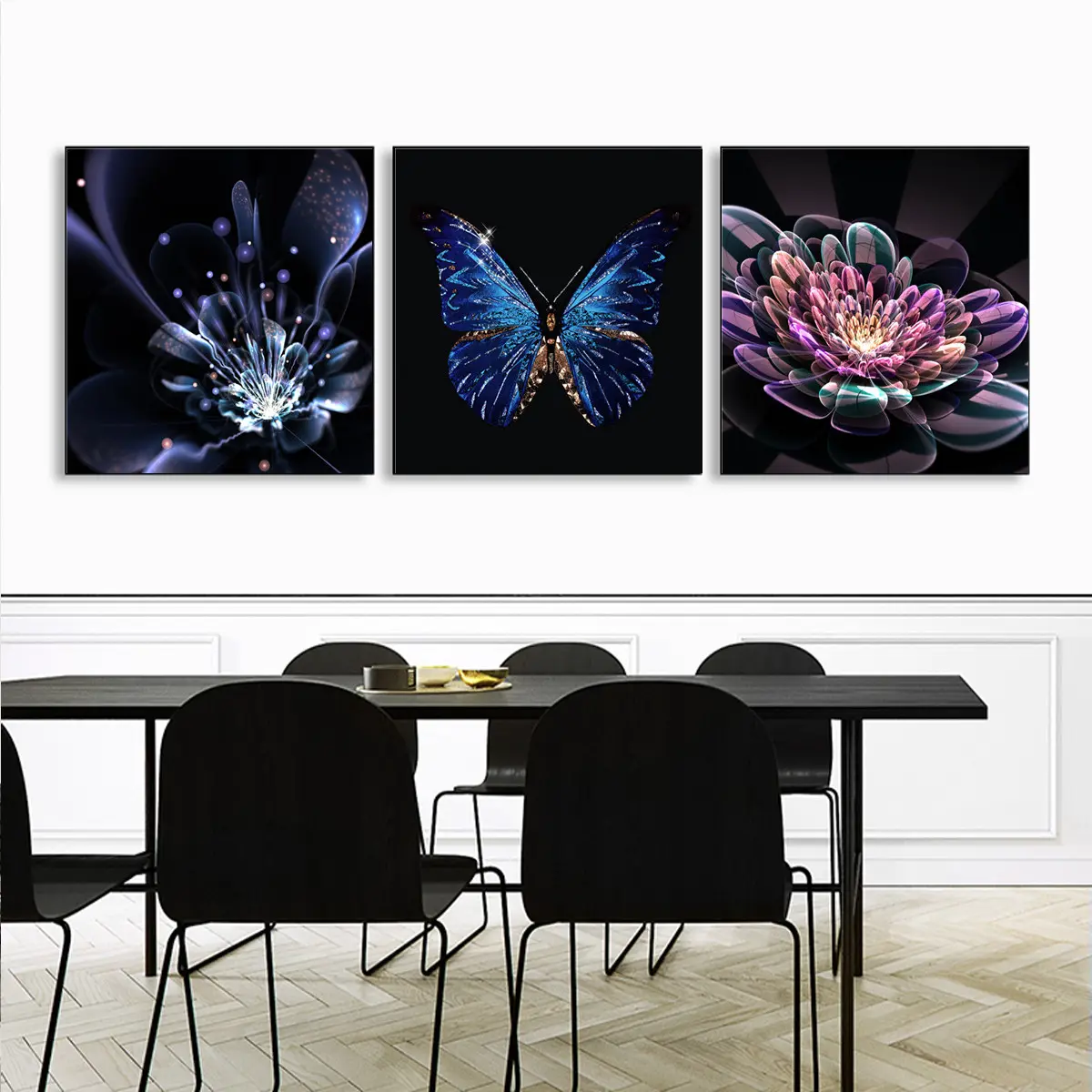 3D抽象的な蝶と花のキャンバスのポスターアートプリント壁画像家の装飾
