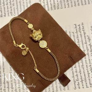 King Silver Jewelry Pixiu Charm Bracelet 925 Sterling Silver Gold Plated <b>Animal</b> Zodiac Brown Cord Everyday Wear Unisex - Product Image 2