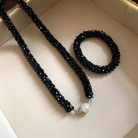 Collier et bracelet torsadés en perles de cristal noir avec fermoir boule en strass pour femme, bijoux fantaisie en perles noires, vente en gros