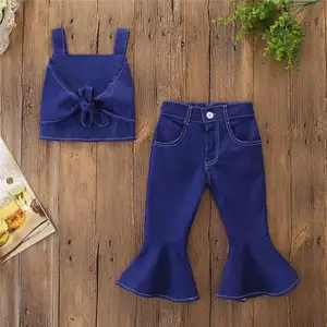 Yaz moda yürüyor çocuk bebek kız giysileri set kolsuz Sling yelek mahsul Tops yüksek bel alevlendi pantolon kot 2 adet kıyafetler