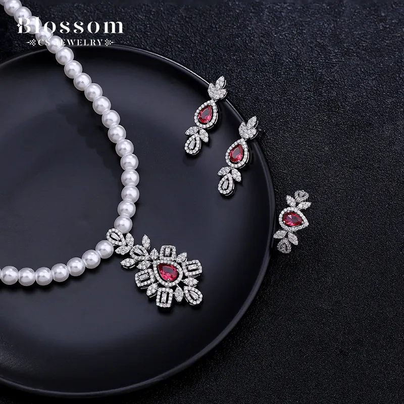 2023 Factory Quality Wholesale Jewelry Sets 925 Sterling Silver Pearl Necklace Ruby Ring Three Piece Set