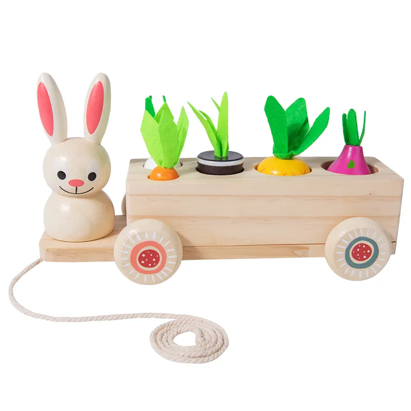 Wooden children's educational and early education toys creative two in one pull radish rabbit pull cart fruit matching toys