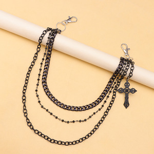 Cadena de Cintura Negra de Triple Capa con Colgante de Cruz, Estilo Hip Hop Unisex, Cadena Corporal de Aleación de Zinc para Uso Diario - Product Image 3