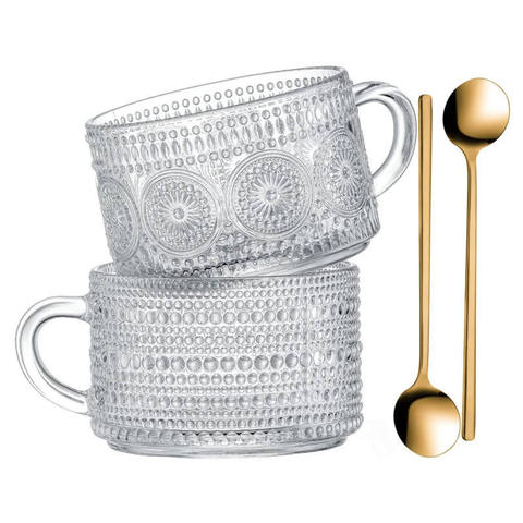 Hot Sale Vintage Glass Coffee Mugs 14 Oz Clear Embossed Tea Cups Glass Coffee Cups for Cappuccino Latte Cereal Yogurt