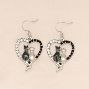 Silver Cat Heart <b>Earrings</b> Rhodium Plated 925 Sterling Silver <b>Black</b> Stone Drop <b>Earrings</b> <b>For</b> <b>Women</b> Everyday Wear - Product Image 6
