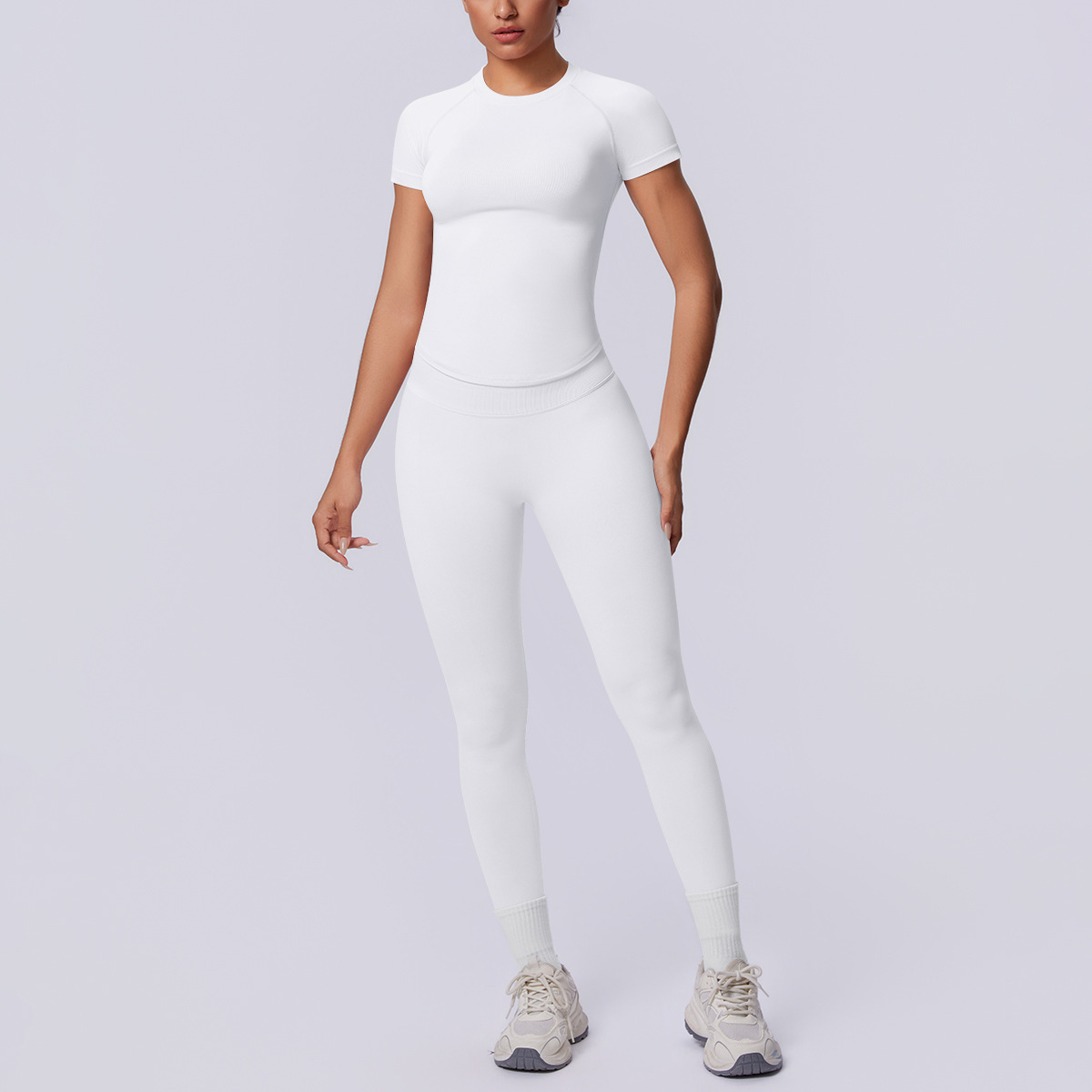 Wholesale European Size Seamless Knitted Spandex/Nylon Wrinkle-resistant Solid Color Tight Breathable Long Yoga Two-piece Set