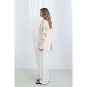 Lace Detail Oversize Shirt Women Ecrum Linen Button <b>Down</b> Bohemian Everyday Style - Product Image 3
