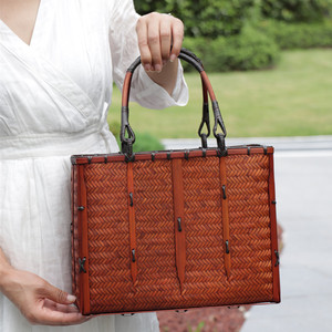 Handmade Bamboo Woven Tote Bag Vintage Chinese Style Solid Color Craft Basket For Tea Ceremony Storage - Product Image 4
