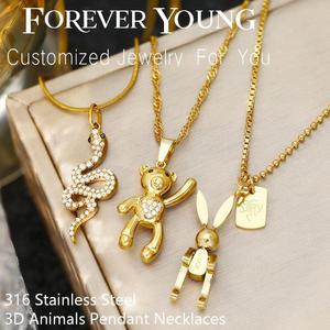FY Wasserdichte Tier-Halsketten aus 316 Edelstahl mit Zirkonia, Schlangen-, Teddybär- und Glücks-Kaninchen-Anhänger - Product Image 1