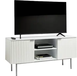 Modern Ridged TV Cabinet Large Entertainment Unit W/ 2 Cupboards Open Shelving Silver Legs - White TV Unit For Living Room
