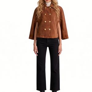 1155050 Vintage Bol Kesim Kruvaze Metal Tokalı Yaka Kahverengi Süet Kadın Pelerin Mont Sehe Moda - Product Image 1