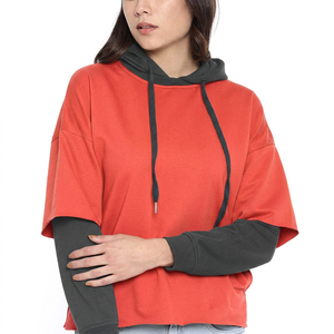 Sudadera con Capucha Extra Grande Personalizada para Mujer, Diseño Color Block, Hombros Caídos, Corte Corto, Tejido de Algodón y Fibra de Bambú, Ropa de Otoño - Product Image 1