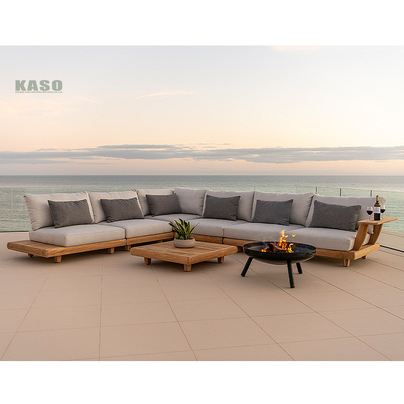 Moderne Terrassen möbel Sofa Schnitt Garten Teakholz Moderne wasserdichte Lounge L-Form Ecke Quadrat Outdoor Couch Set