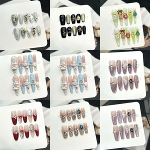 <span class=keywords><strong>Uñas</strong></span> postizas acrílicas hechas a mano al por mayor, cortas, almendradas, estilo francés, ojo <span class=keywords><strong>de</strong></span> gato, 3D, con flores tropicales, empaque personalizado - Product Image 1