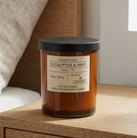 Lilin Aroma Eucalyptus Mint dalam Botol Kaca Amber dengan Tutup Logam Hitam Matte, Label Teks Vintage, Perlindungan UV, Kaca Coklat
