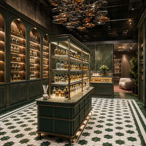 Ensemble de mobilier sur mesure haut de gamme pour boutique de parfums commerciale, système d'affichage en bois vert vintage pour parfumerie de luxe - Product Image 4