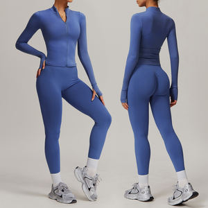 DTZ4001-5 однотонная двухсторонняя шуба телесного цвета, костюм телесного цвета с длинным рукавом, облегающий костюм для бега, фитнеса, йоги, комплект из двух предметов - Product Image 2