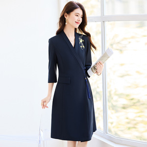 Chinese Style <b>Wrap</b> Dress Women Mid Sleeve V Neck <b>Black</b> Royal Blue Apricot Polyester Career Dress With Chinese Knot Design - Product Image 1